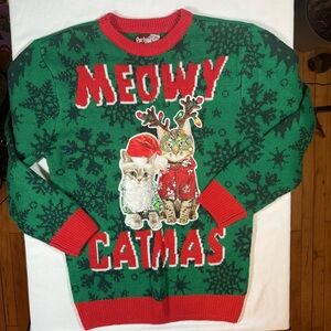 Festive Catmas Crewneck Sweater - Green and Red